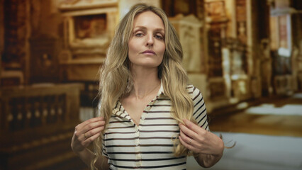 Fototapeta premium Woman running fingers through hair while posing in church scenery, capturing young blonde indoors vibe with hands held graceful and serene.