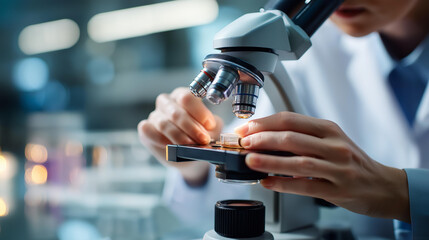 Faceless scientist hands using microscope doing research laboratory investigation operation molecular examination work scientific analysis procedure biotechnology study
