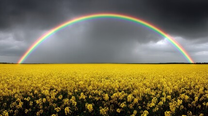 Vibrant Rainbow Arc Over Lush Yellow Canola Field Under Moody Dark Sky