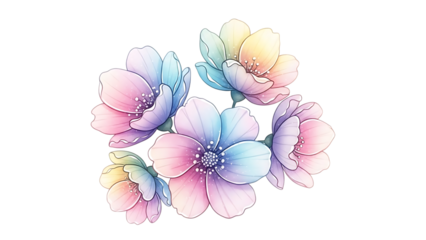 Transparent background beautiful watercolor flowers in pastel colors on transparent background