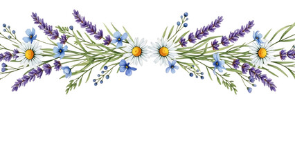 Transparent background beautiful floral border with daisies and lavender on transparent background