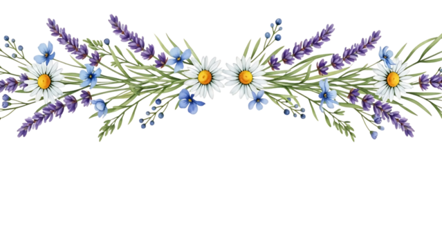 Transparent background beautiful floral border with daisies and lavender on transparent background - Powered by Adobe