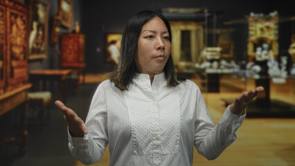 Woman with palms up gesturing in gallery, standing near displays and framed paintings while facing...