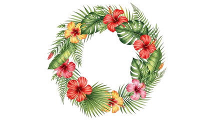 Transparent background tropical floral wreath with colorful hibiscus flowers and green leaves isolated on transparent background