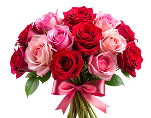Obraz premium “Red and Pink Rose Bouquet Wrapped with Satin Ribbon, Isolated on Transparent Background”