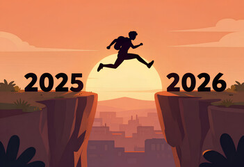 Good Bye 2025 and welcome 2026. Happy New Year vibes illustration showing a silhouette of a boy jumping between the mountains before sunset