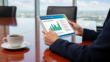 Businessperson reviewing financial data on a tablet in a modern office with a city view.