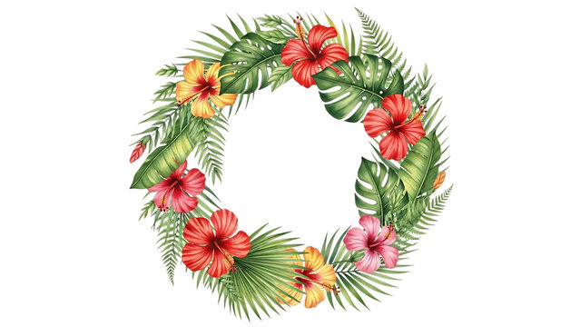 Transparent background tropical floral wreath with colorful hibiscus flowers and green leaves isolated on transparent background