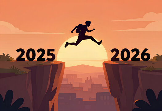 Good Bye 2025 and welcome 2026. Happy New Year vibes illustration showing a silhouette of a boy jumping between the mountains before sunset