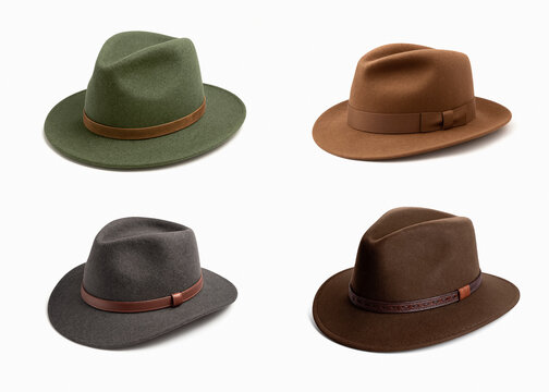 Set of Four Fedora Hats Isolated on White Background