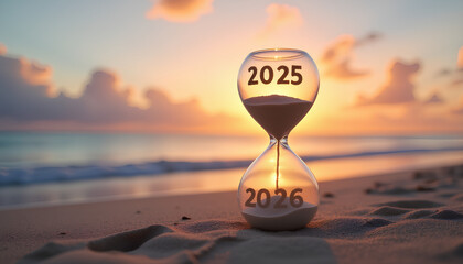 Film Photography of Hourglass Displaying 2025 Sand Flowing into 2026 on a Beach
