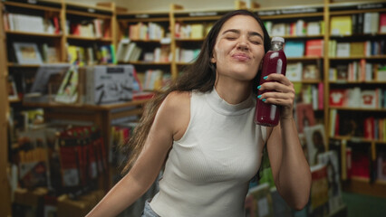 Young hispanic woman pointing finger to juice bottle in building library filled with bookshelves;...