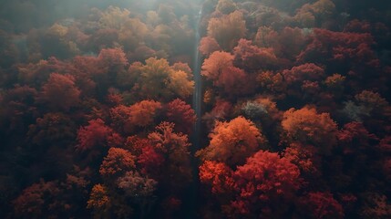Drone-view perspective of a winding path running through a dense deciduous forest glowing with vivid orange and crimson leaves, early morning haze adding depth and atmosphere, with rich seasonal color