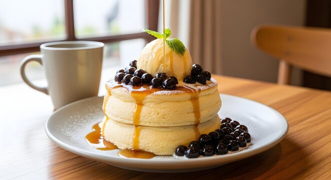Fluffy Japanese Souffl&Atilde;&copy; Pancakes with Boba, Ice Cream, and Syrup