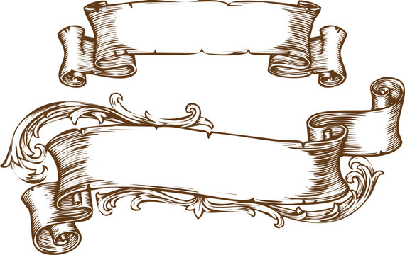 An engraving art style illustration two vintage parchment scrolls or banners with empty space for text, handdrawn engraving style