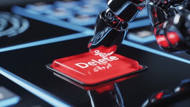 Robot Arm Pressing Red Delete Button, Futuristic Technology Concept