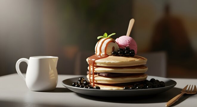 Stack of fluffy pancakes topped with vanilla ice cream, chocolate drizzle, and boba pearls. - Powered by Adobe