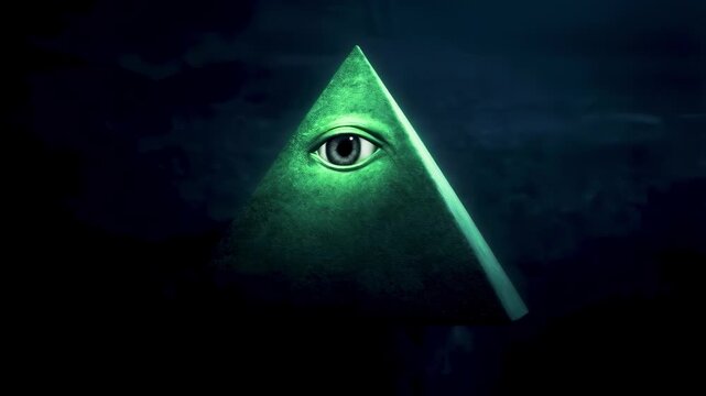 Glowing green all seeing eye pyramid blinking in darkness symbolizing surveillance, secret society power and conspiracy control.