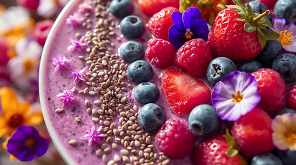 Close-up of a Vibrant Smoothie Bowl Topped with Berries and Flowers stock