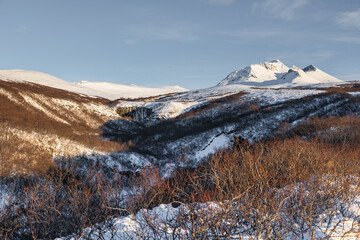 Frozen winter view of Magnusarfoss waterfall, Iceland.