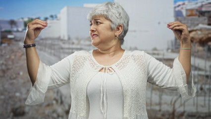 Woman with grey hair raising hands and looking upward beside a ruined building, white knit top...