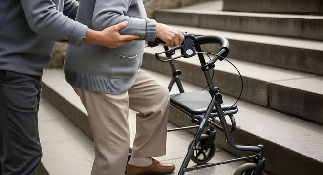 Caregiver assisting elderly person with a walker to climb stairs, symbolizing support and mobility.