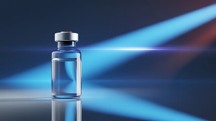 A single clear glass vial filled with clear liquid and a silver cap stands on a reflective surface with dramatic blue light beams in the background