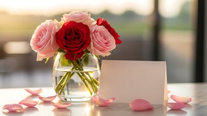 Elegant bouquet of roses and a blank card on a softly lit table