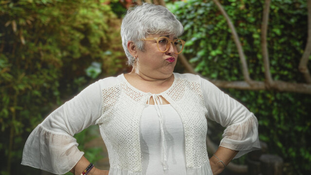 Senior woman with hands on hips wearing white cardigan and round glasses in forest, pursing lips in a scolding gesture; stubbornness annoyance.