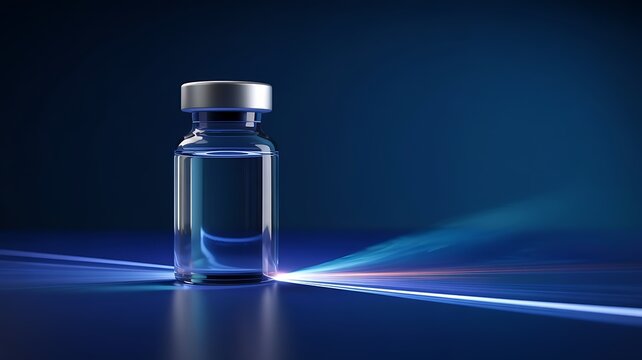 Single clear glass vial containing clear liquid with metallic cap illuminated by dramatic blue and white light beams on dark background
