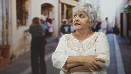 Fototapeta premium Woman with crossed arms and visible hands smiling on a narrow pedestrian street by shopfronts; serenity confidence.
