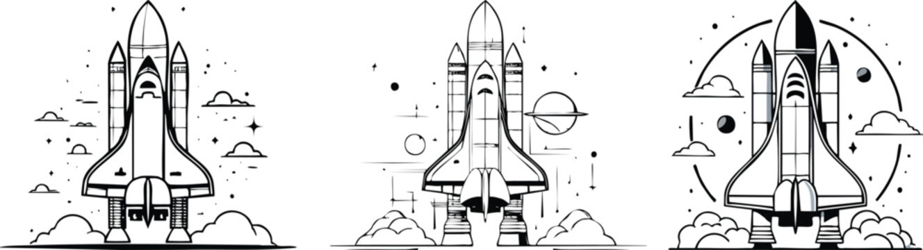 Space shuttle launch artwork using bold black outlines highlighting powerful lift off and clean aerospace form
