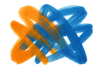 Abstract blue and orange paint strokes forming an overlapping, dynamic design with texture on transparent background