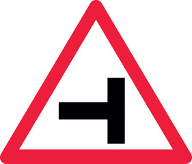 T-junction road sign warning symbol for traffic intersection ahead safety and navigation concept isolated on white