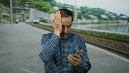 Hispanic man on seaside promenade checks smartphone with concerned expression, standing near train tracks.