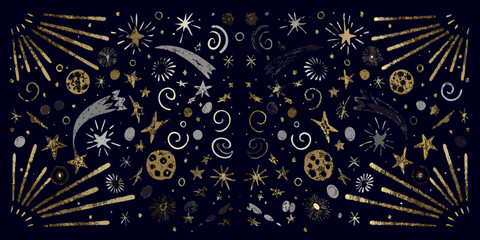 A whimsical collection of golden and silver fireworks and celestial elements