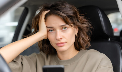 Young woman with curly hair, sitting in a car, looking stressed while holding a smartphone, reflecting feelings of anxiety and frustration in a modern urban environment