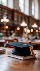 A graduation cap placed on a book sits on a wooden table in a warm library filled with shelves of books and soft lights