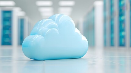 Blue cloud is sitting on a white floor. The cloud is made of plastic and is shaped like a sphere. The image has a futuristic and technological feel to it