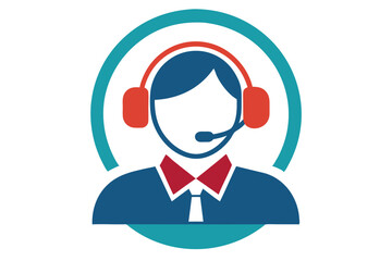 Blue avatar with headset and mic inside a teal circle creates a clean interface