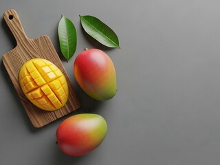 Fresh Mangoes on Cutting Board Healthy Tropical Fruit Food Photography.