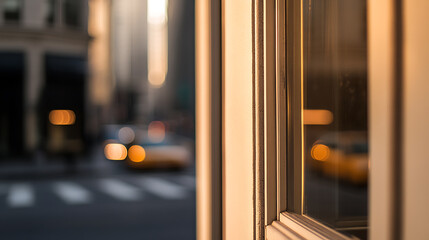 Window reflecting city lights, warm sunlight illuminating a building's edge. Urban atmosphere, quiet moment captured in the midst of a bustling street. Serene city view.