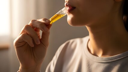 A woman taking a liquid supplement from a dropper in a well-lit room