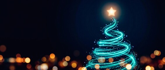 Abstract glowing neon light trails form a modern christmas tree shape with a bright star topper against dark bokeh