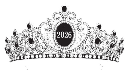 Intricate black-and-white crown design featuring elaborate filigree and the year 2026 as centerpiece.