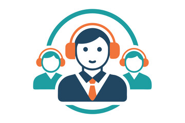 Business people wear headphones, represented with flat and simple icons in the image