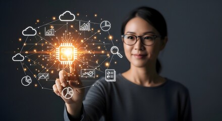 Woman using ai technology for data analysis and cloud computing with digital transformation tools