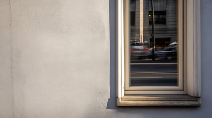 Urban Reflections: A window reflects a blurred cityscape, contrasting with the stark wall beside it, capturing a sense of urban dynamism and architectural minimalism.