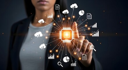 Woman interacting with data analytics and cloud computing technology interface with cpu icon
