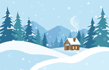 Winter Landscape with Wooden Cabin and Snowy Forest Vector